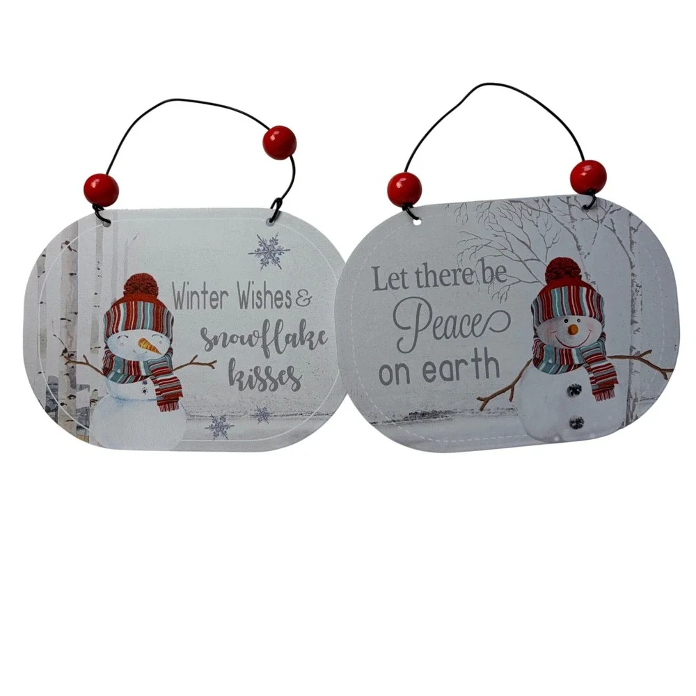Set of 2 Snowman Christmas Hanging Signs Winter Wishes Peace on Earth C22244